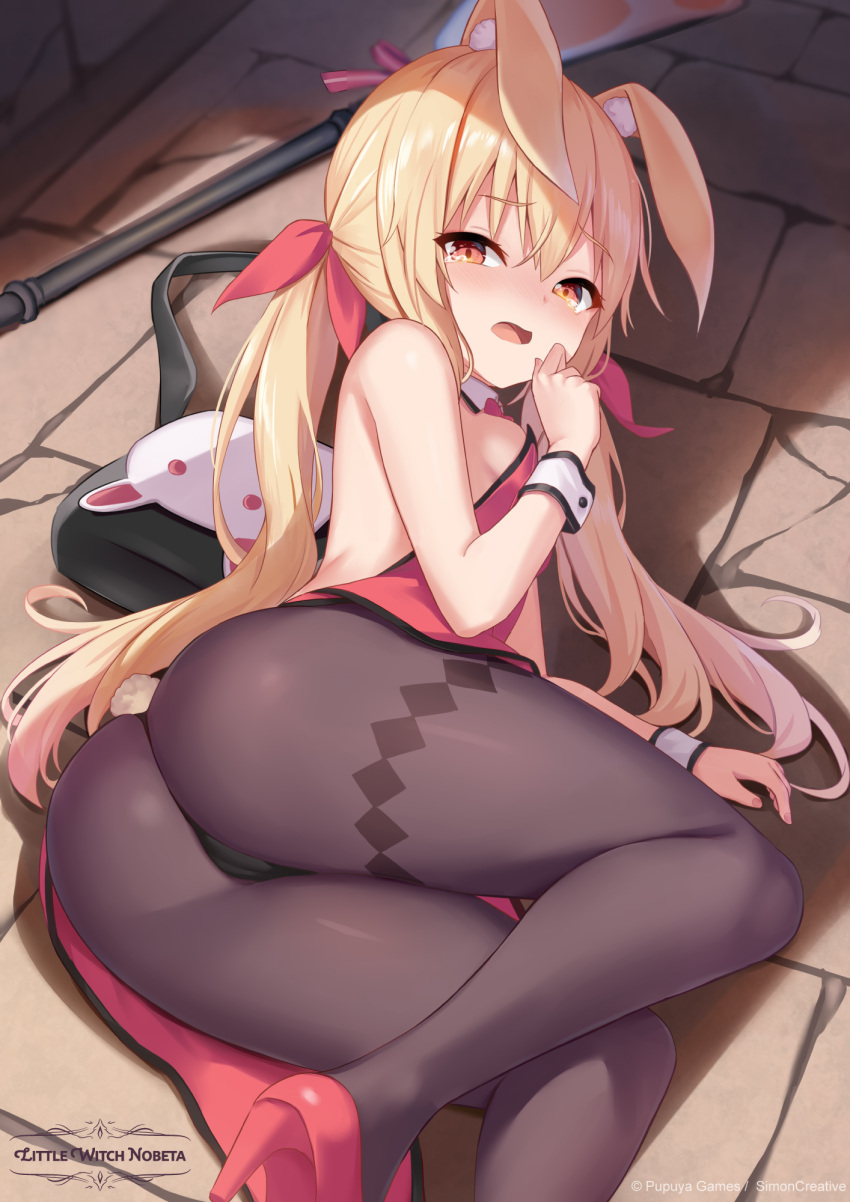 1girl animal_ear_fluff animal_ears artist_request ass black_panties black_pantyhose blonde_hair blush breasts brown_eyes cameltoe dress from_behind hand_to_own_mouth high_heels highres legs little_witch_nobeta long_hair looking_at_viewer looking_back lying nobeta on_side panties pantyhose rabbit_ears rabbit_tail red_dress red_footwear ribbon shoes sideboob small_breasts solo tail thighs twintails underwear wrist_cuffs