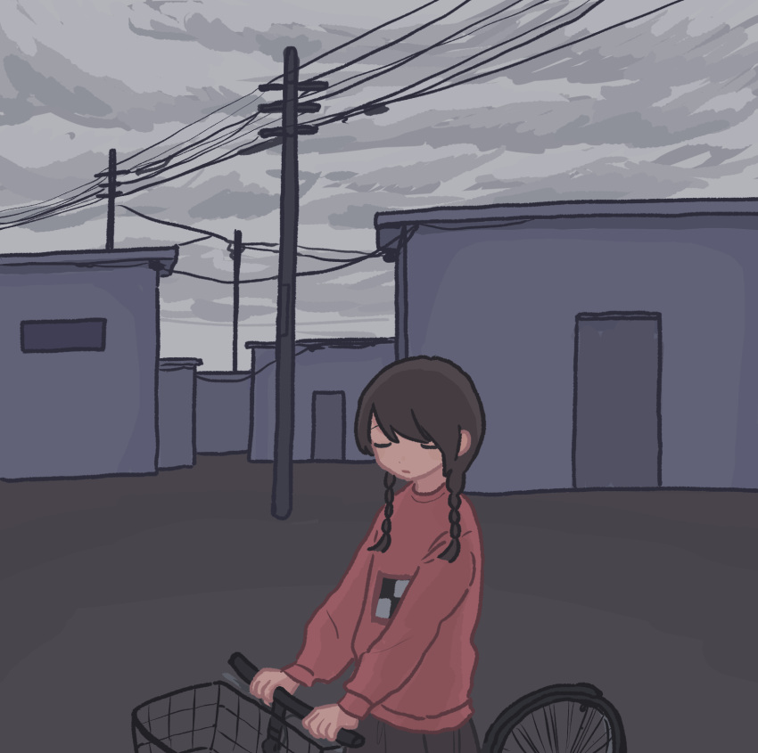 1girl bicycle bicycle_basket black_skirt braid brown_hair closed_eyes closed_mouth commentary_request cowboy_shot expressionless facing_viewer fucca handlebar highres holding long_hair long_sleeves low_twin_braids madotsuki outdoors overcast pink_sweater power_lines print_sweater riding riding_bicycle shack skirt sky solo sweater twin_braids utility_pole village yume_nikki