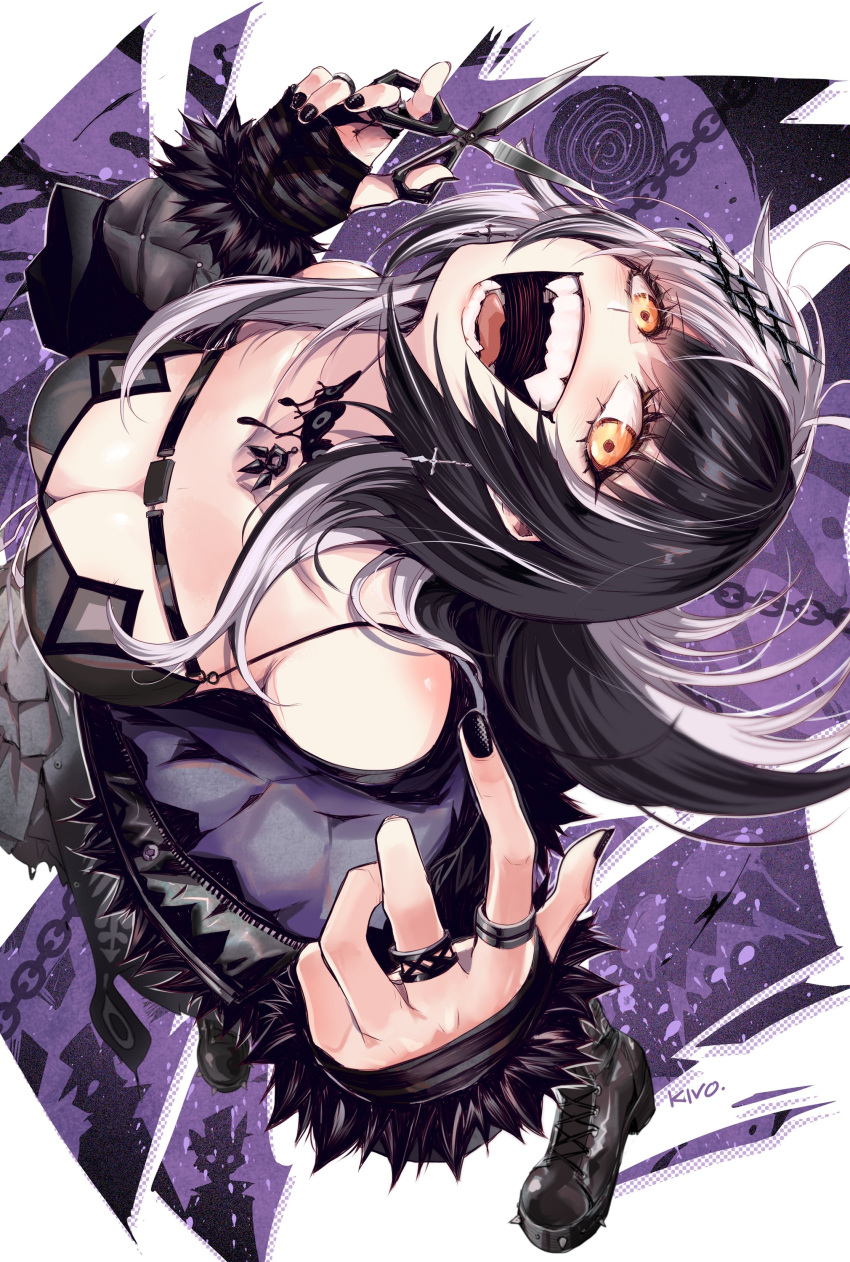 1girl absurdres artist_name black_dress black_hair black_nails boots breasts chest_belt choker cleavage dress evil_grin evil_smile fur_trim grey_hair grin hair_ornament highres holding holding_scissors hololive hololive_english jewelry kivo lace lace_choker large_breasts long_eyelashes long_hair looking_at_viewer multicolored_hair open_mouth ring scissors sharp_teeth shiori_novella smile solo split-color_hair teeth two-tone_hair virtual_youtuber yellow_eyes