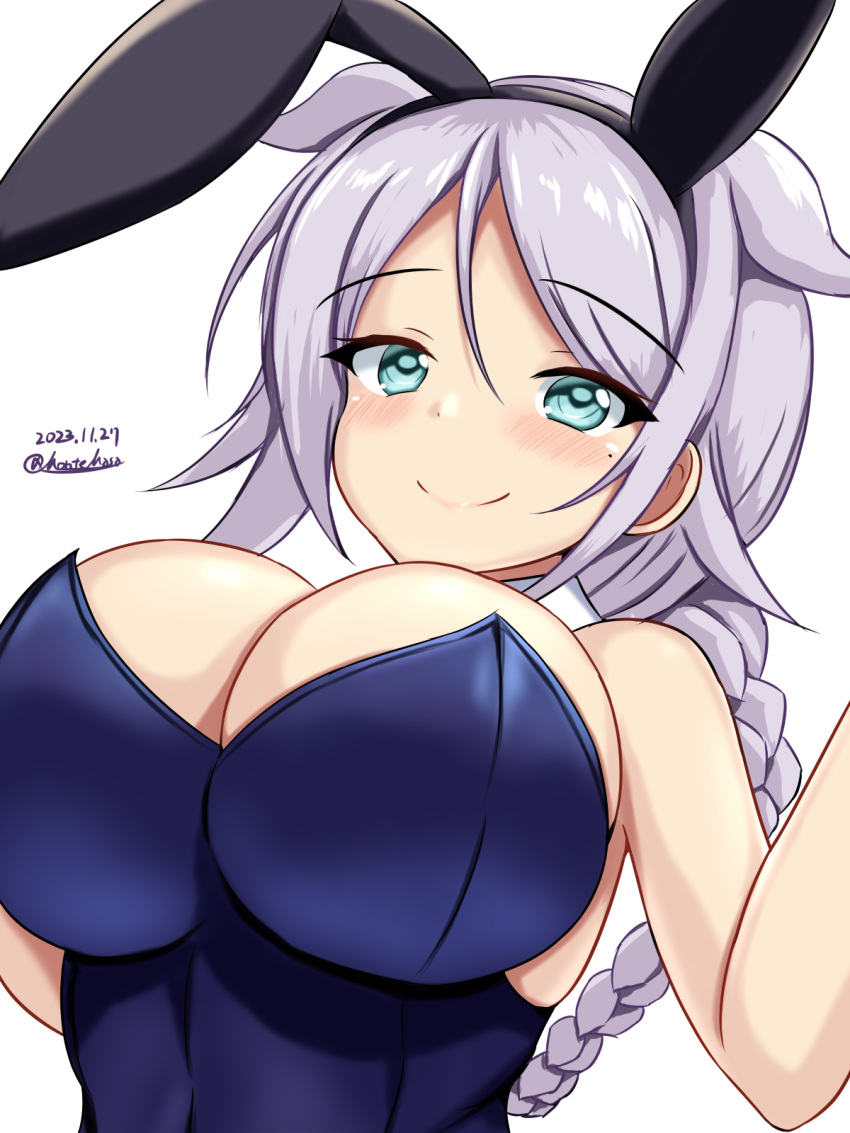 1girl animal_ears blue_eyes blue_leotard blush braid breasts covered_navel dated detached_collar fake_animal_ears grey_hair hair_flaps hair_tie highres huge_breasts kantai_collection large_breasts leotard long_hair mole mole_under_eye montemasa playboy_bunny smile twitter_username umikaze_(kancolle) umikaze_kai_ni_(kancolle) very_long_hair white_background