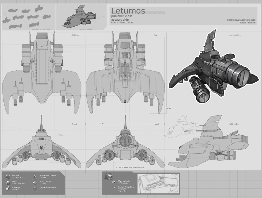 1other ambiguous_gender artist_name assault_ship_(eve_online) blueprint_(medium) commentary concept_art deviantart_username english_text eve_online frigate_(eve_online) greyscale highres korpikaz monochrome multiple_views original reference_sheet science_fiction size_comparison spacecraft tech_2_ship_(eve_online) thrusters vehicle_focus