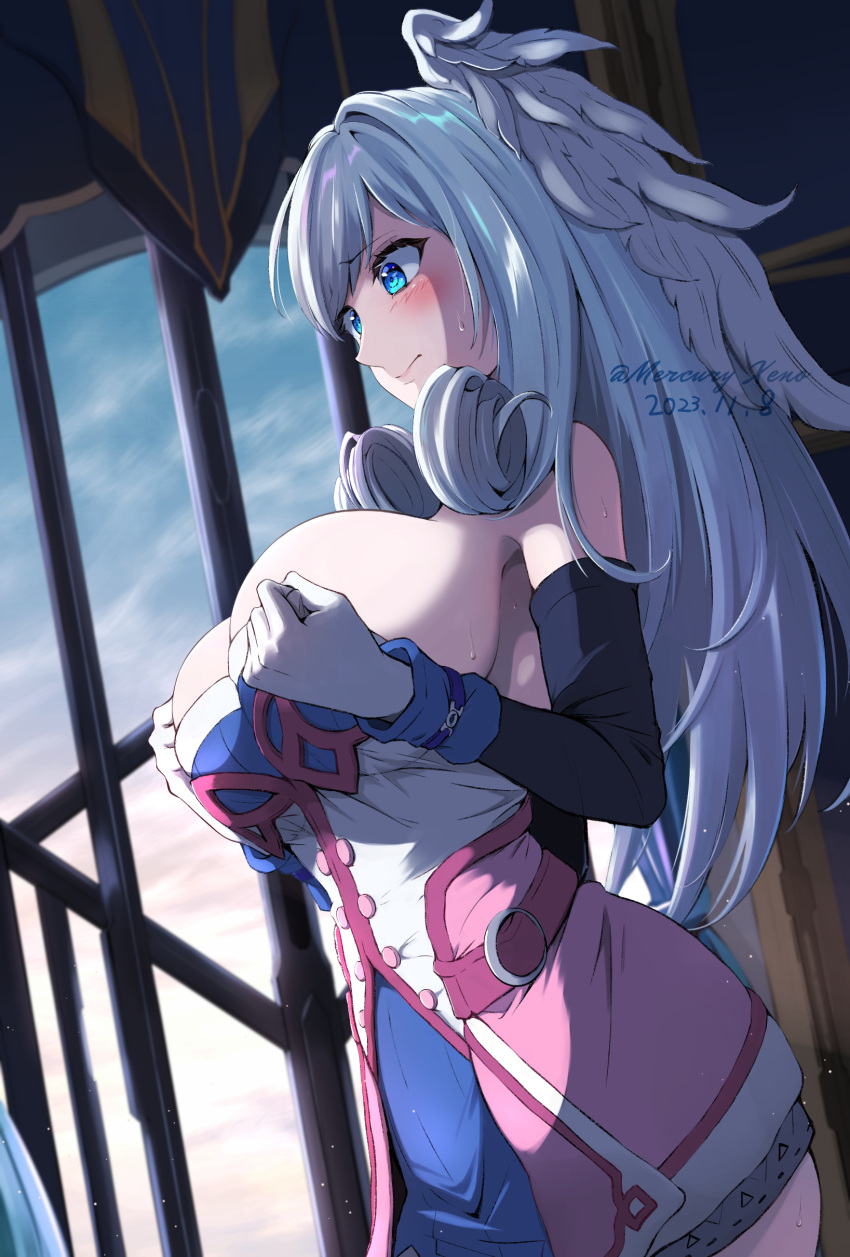 1girl absurdres blue_eyes blush breasts dated detached_sleeves dress gloves grey_hair head_wings highres large_breasts long_hair melia_antiqua mercury_xeno sideboob strapless strapless_dress sweat twitter_username undersized_clothes white_gloves wings xenoblade_chronicles_(series) xenoblade_chronicles_1 xenoblade_chronicles_3