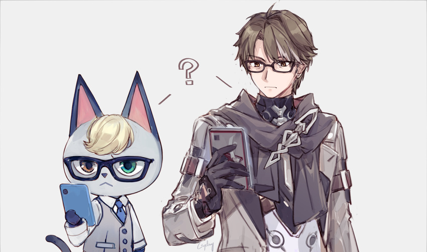 2boys :&lt; ? animal_crossing animal_ears arm_belt black-framed_eyewear black_gloves blonde_hair blue_necktie brown_eyes brown_hair cat_boy cat_ears cat_tail cellphone closed_mouth collared_shirt csyday formal frown furry furry_male glasses gloves green_eyes grey_jacket grey_scarf grey_vest heterochromia holding holding_phone honkai:_star_rail honkai_(series) jacket long_sleeves look-alike looking_at_phone male_focus multicolored_hair multiple_boys necktie open_clothes open_jacket orange_eyes phone raymond_(animal_crossing) scarf shirt short_hair simple_background smartphone streaked_hair suit tail vest welt_yang white_background white_hair white_shirt