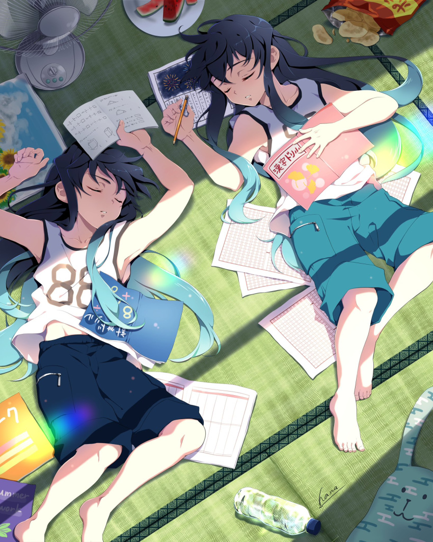 2boys alternate_costume aqua_hair aqua_shorts arms_up bare_legs barefoot black_hair blue_shorts book bottle chips_(food) closed_eyes feet food fruit hana_ni_nare highres kimetsu_no_yaiba long_hair lying male_focus midriff midriff_peek multicolored_hair multiple_boys paper pencil potato_chips shorts siblings snack tank_top toes tokitou_muichirou tokitou_yuichirou twins water_bottle watermelon white_tank_top