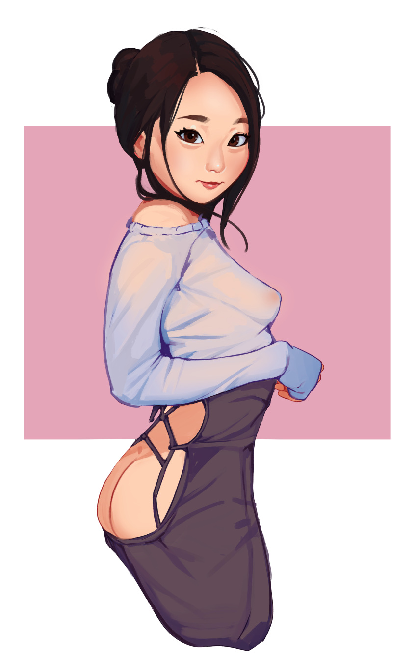 1girl absurdres asian ass ass_cutout black_hair blue_sweater breasts brown_hair butt_crack clothing_cutout commentary cosplay covered_nipples cropped_legs cross-laced_clothes cross-laced_dress english_commentary forehead gaiidraws guitar_little_sister_(hitomi_o) guitar_little_sister_(hitomi_o)_(cosplay) highres medium_hair no_bra no_panties off-shoulder_sweater off_shoulder parted_hair photo-referenced pinup_(style) real_life realistic saori_kiyomi see-through sleeves_past_wrists small_breasts solo sweater