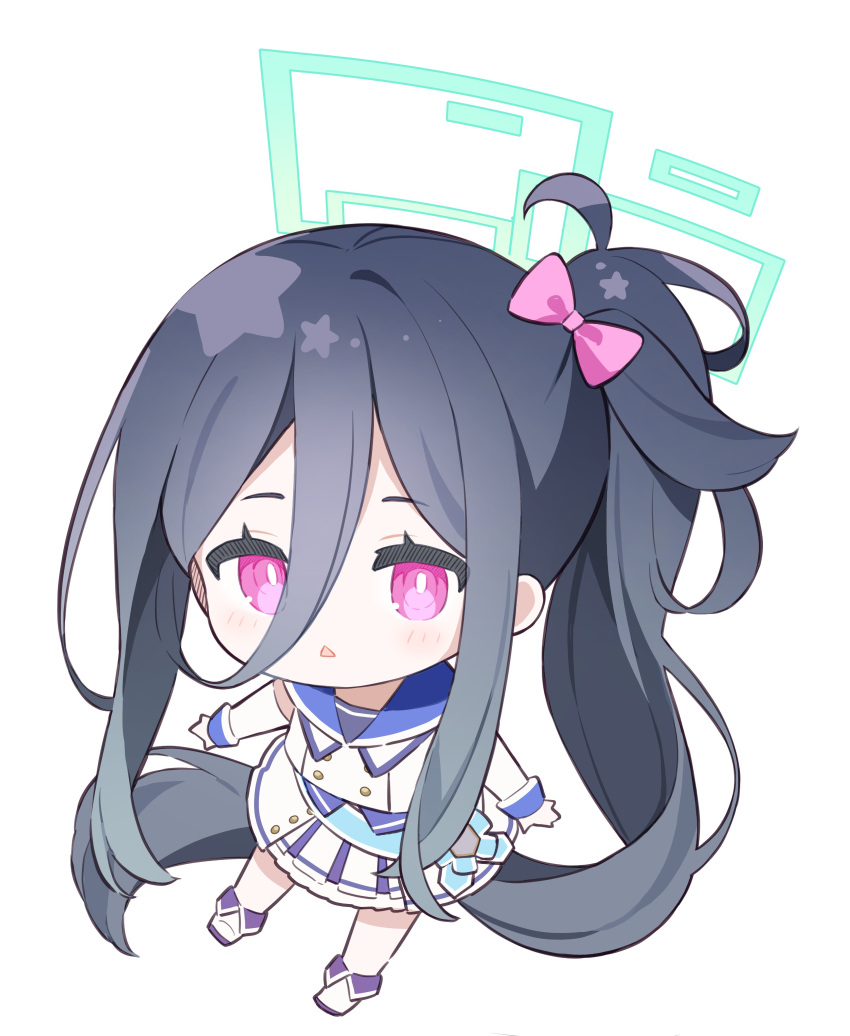 &lt;key&gt;_(blue_archive) 1girl absurdly_long_hair absurdres black_bow black_hair blue_archive bow chibi dress hair_bow halo highres idol_clothes long_hair long_sleeves open_mouth ponytail red_eyes shirt simple_background solo twintails urotsuki_(2013.04) very_long_hair white_background white_dress white_footwear white_shirt