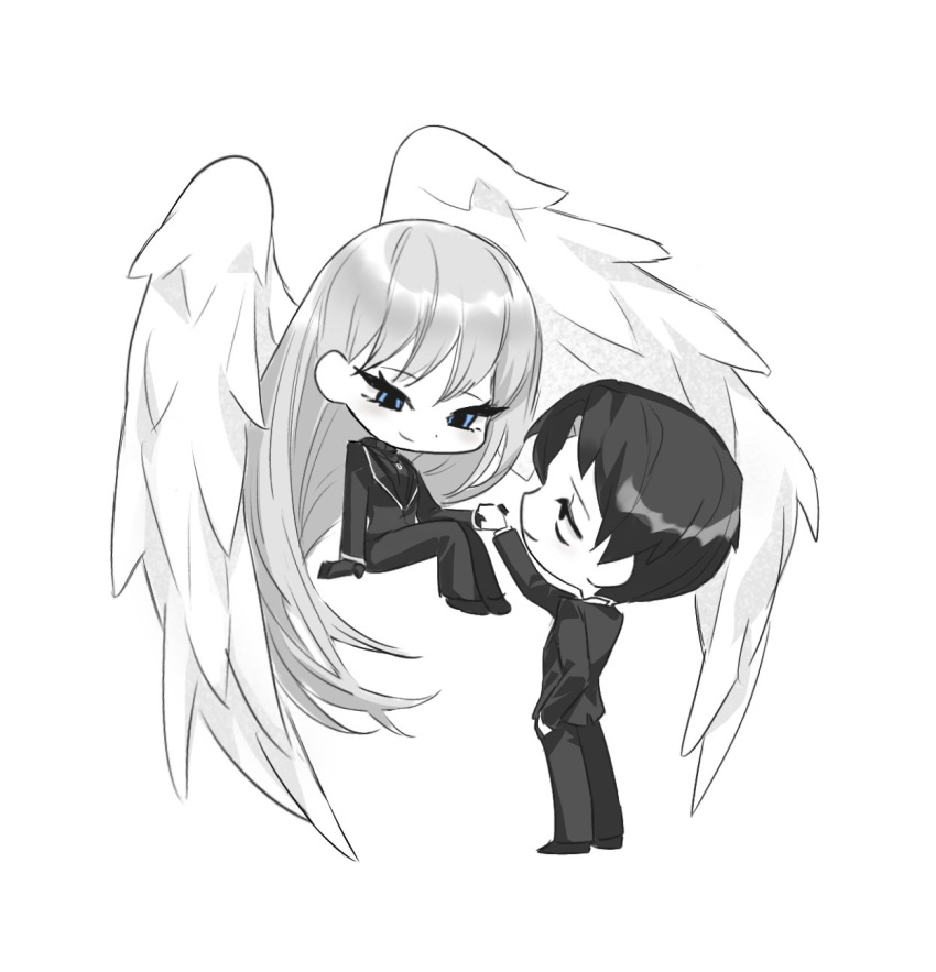 1boy 1girl angelica_(library_of_ruina) black_eyes black_gloves black_hair black_jacket black_pants blue_eyes chibi closed_mouth feathered_wings gloves highres holding_hands husband_and_wife jacket knees_up library_of_ruina long_hair long_sleeves orururuu pants project_moon roland_(library_of_ruina) sitting smile very_long_hair white_hair white_wings wings