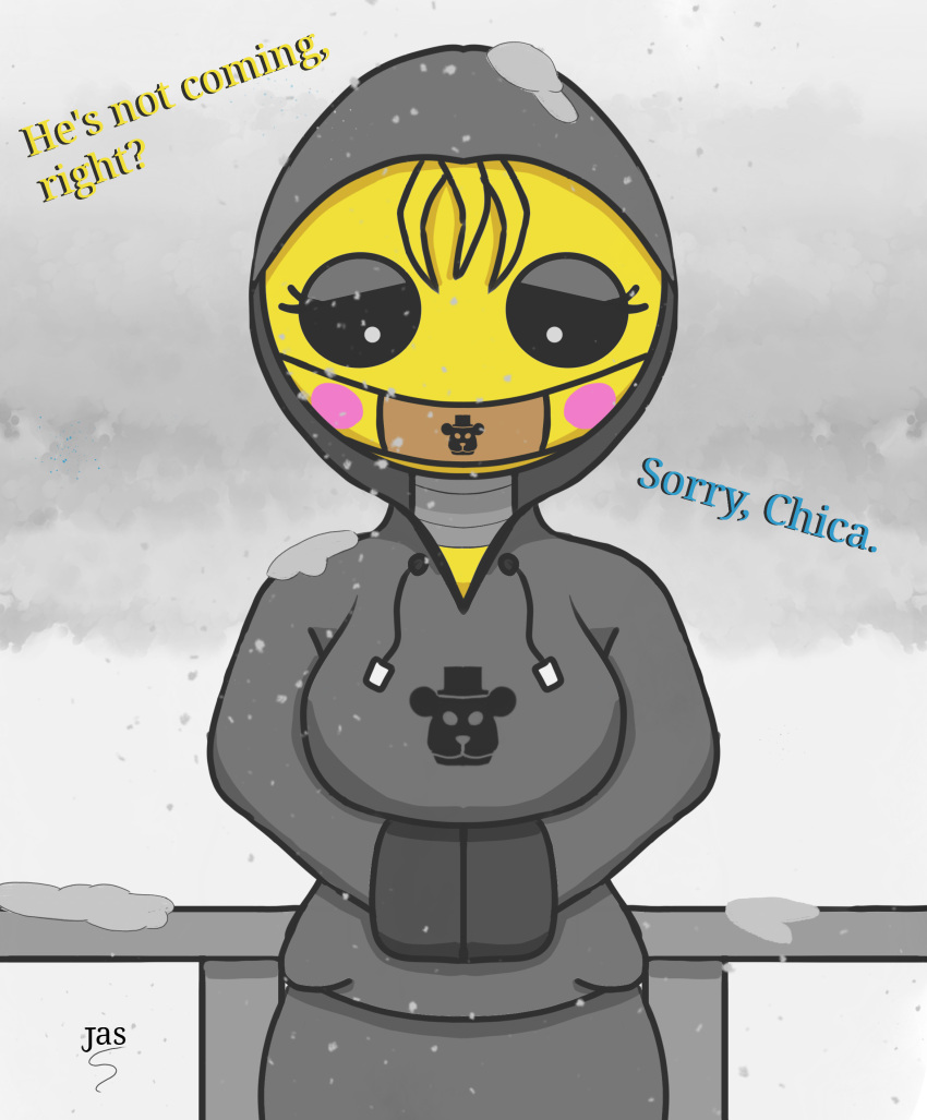 absurd_res accessory animatronic anthro anuvisur_(artist) avian big_breasts bird breasts chicken clothed clothing dialogue digital_media_(artwork) english_text female five_nights_at_freddy's five_nights_at_freddy's_2 galliform gallus_(genus) hair hi_res hoodie machine mask outside phasianid robot scottgames simple_background snow solo text topwear toy_bonnie_(fnaf) toy_chica_(fnaf) yellow_body