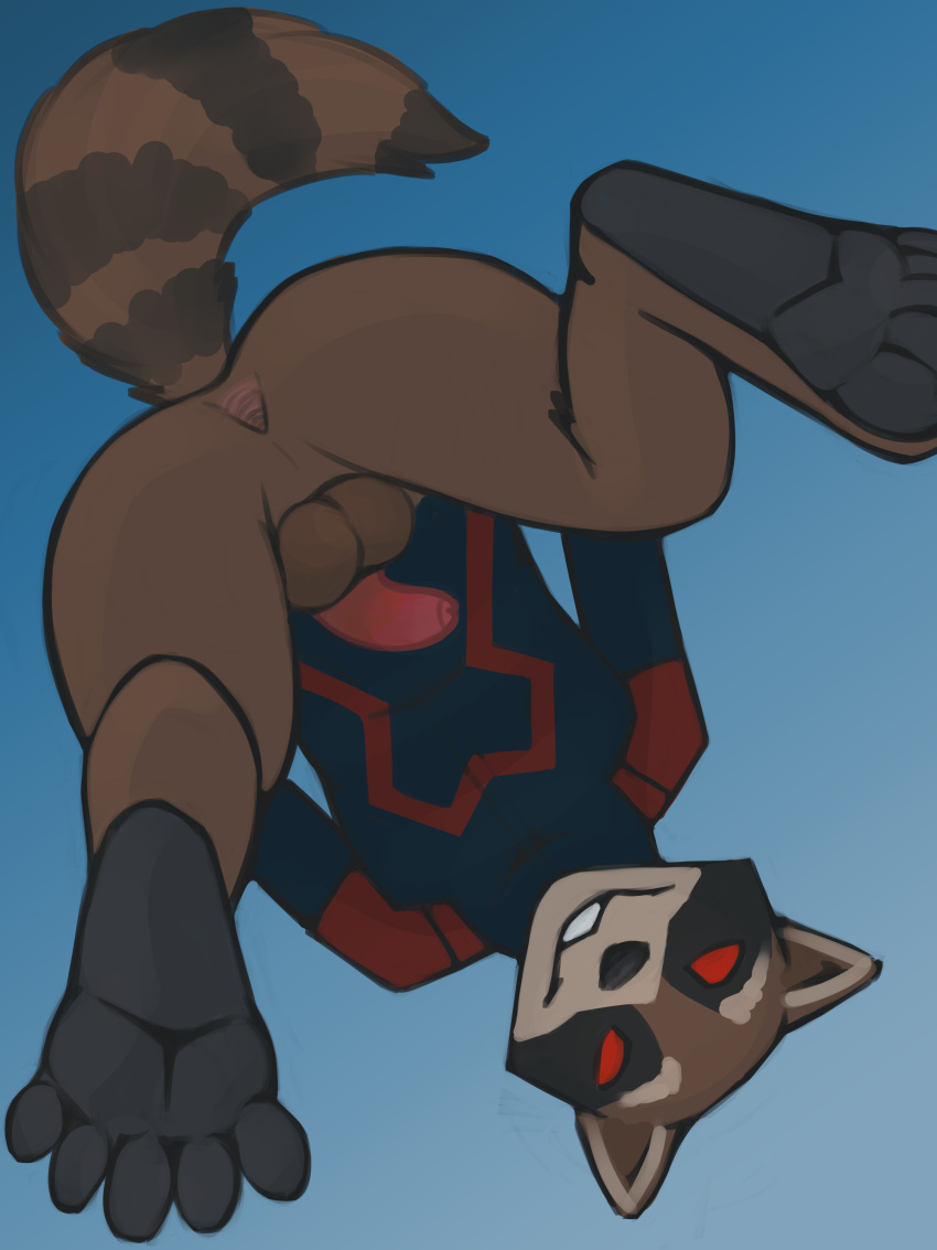 absurd_res anthro anus balls bottomless brown_body brown_fur butt clothed clothing digital_media_(artwork) fur genitals guardians_of_the_galaxy hi_res humanoid_genitalia humanoid_penis looking_at_viewer male mammal marvel penis presenting presenting_anus presenting_hindquarters procyonid raccoon rocket_raccoon simple_background smile solo sylo tail