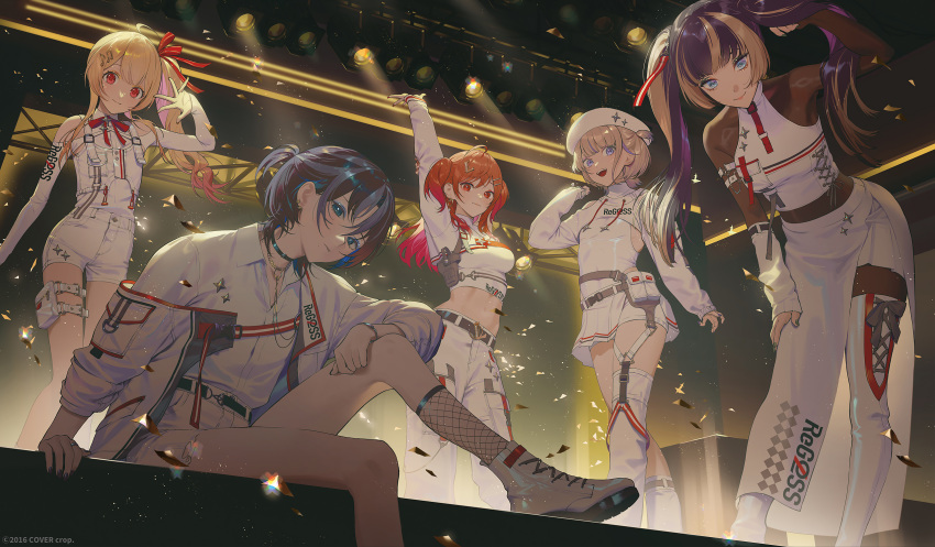 5girls adjusting_hair arm_up bare_shoulders belt beret black_hair blonde_hair blue_eyes blue_hair bodystocking boots breasts collared_shirt copyright dark_blue_hair detached_sleeves fajyobore gradient_hair hair_ornament hair_ribbon hand_up hat high_collar highres hiodoshi_ao hololive ichijou_ririka jacket juufuutei_raden leaning_forward long_hair long_skirt long_sleeves looking_at_viewer multicolored_hair multiple_girls musical_note musical_note_hair_ornament official_art open_clothes open_jacket orange_hair otonose_kanade pants pleated_skirt red_eyes red_hair red_ribbon regloss_(hololive) ribbon shirt shoes short_hair shorts sitting skirt sleeveless sleeveless_shirt small_breasts stage stage_lights standing streaked_hair thigh_belt thigh_boots thigh_strap thighhighs thighs todoroki_hajime twintails two-tone_hair two_side_up virtual_youtuber white_footwear white_hair white_headwear white_jacket white_pants white_shirt white_shorts white_thighhighs
