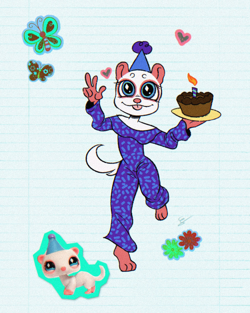 &lt;3 anthro cake candle clothed clothing clown dessert domestic_ferret female fire flower food fully_clothed gesture hasbro hat headgear headwear hi_res holding_food holding_object littlest_pet_shop lps_520 mammal mustelid musteline party_hat plant plate real shaylastokesart solo sticker tail tongue tongue_out toy true_musteline v_sign weasel