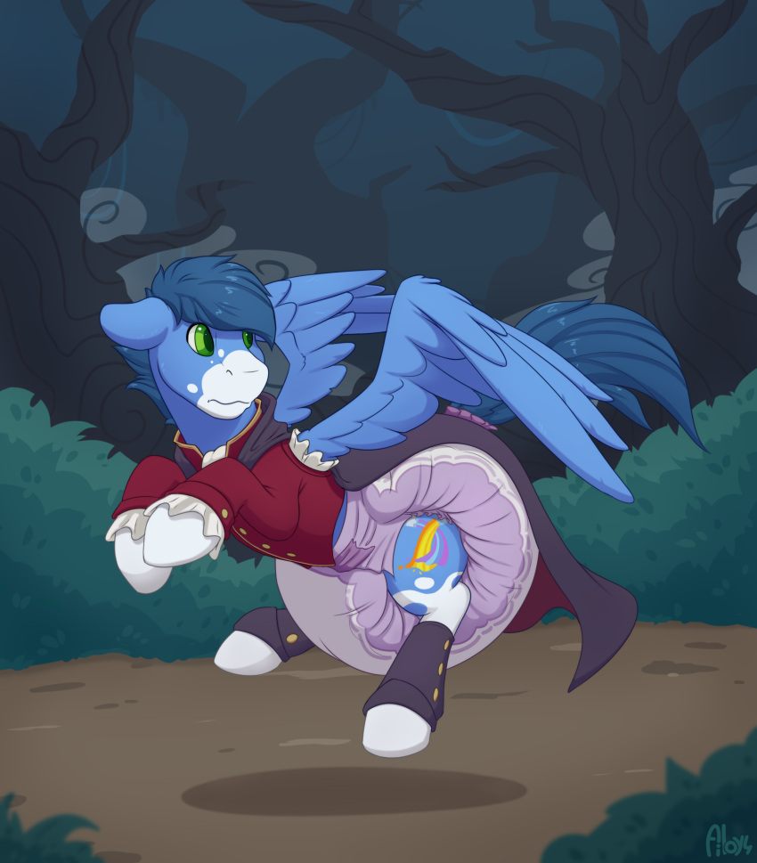 ailoy4 blue_body blue_fur blue_hair clothed clothing cutie_mark diaper diaper_under_clothing equid equine fan_character felid forest fur green_eyes hair hasbro hi_res leg_markings mammal markings my_little_pony pantherine pegasus plant poofy_diaper socks_(marking) tree wearing_diaper wings