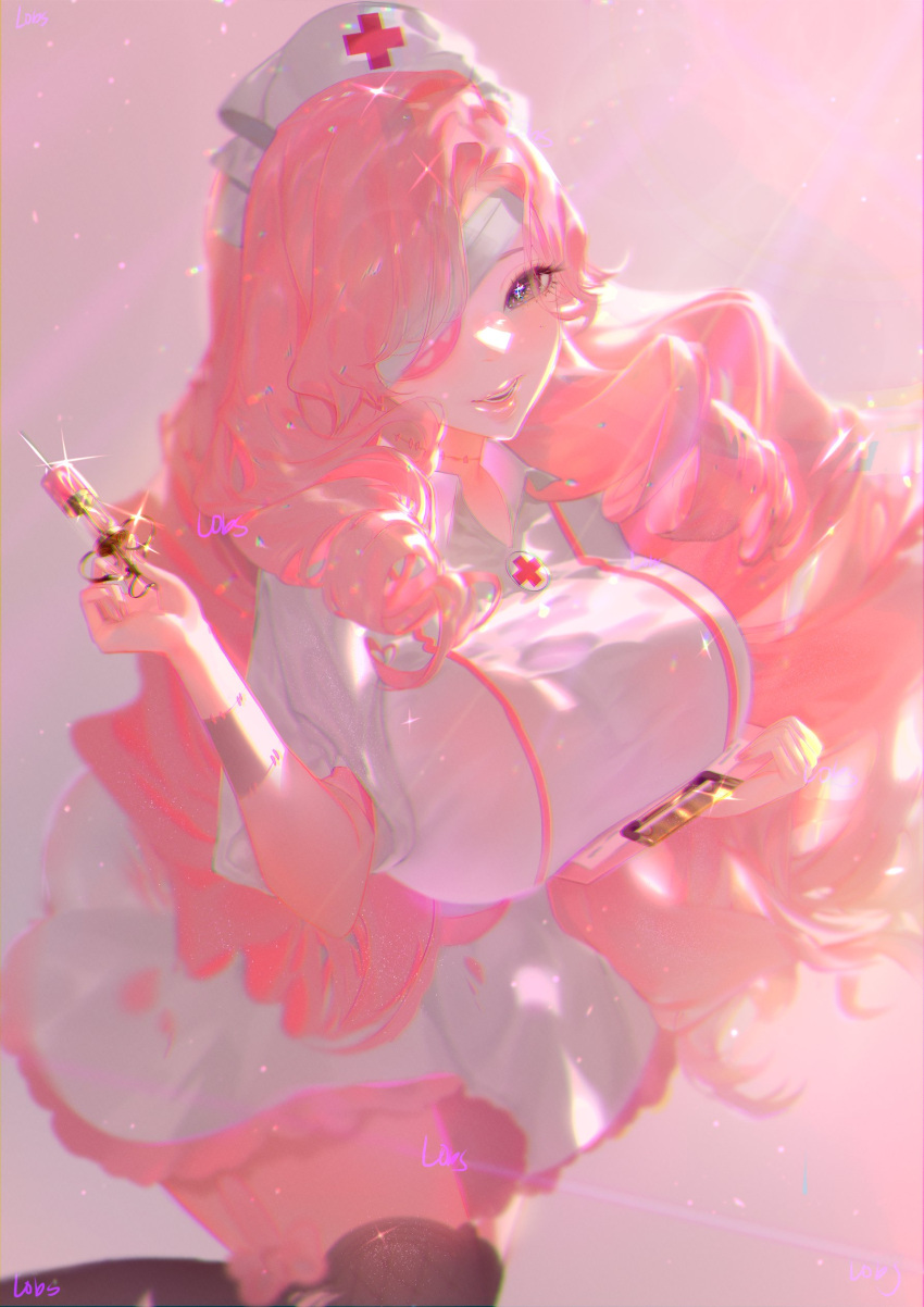 1girl absurdres black_thighhighs breasts dress drill_hair eyepatch frilled_dress frills hat highres indie_virtual_youtuber kagome_(vtuber) large_breasts lobsie long_hair looking_at_viewer nurse nurse_cap pink_background pink_hair pink_theme puffy_short_sleeves puffy_sleeves short_sleeves smile stitched_arm stitched_neck stitches thighhighs torn_clothes torn_dress undead white_headwear zombie