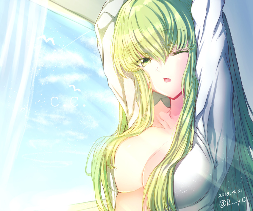 1girl 2018 arms_up blue_sky breasts c.c. character_name cleavage cloud code_geass collarbone colored_eyelashes commentary_request dated day eyelashes eyes_visible_through_hair green_hair hair_between_eyes hair_censor hair_over_breasts indoors large_breasts light_particles long_hair looking_at_viewer messy_hair morning naked_shirt no_bra nose one_eye_closed open_clothes open_mouth open_shirt rincha_(rinrinrincha) shirt sidelighting sidelocks sky sleepy solo straight_hair stretching twitter_username very_long_hair window yellow_eyes