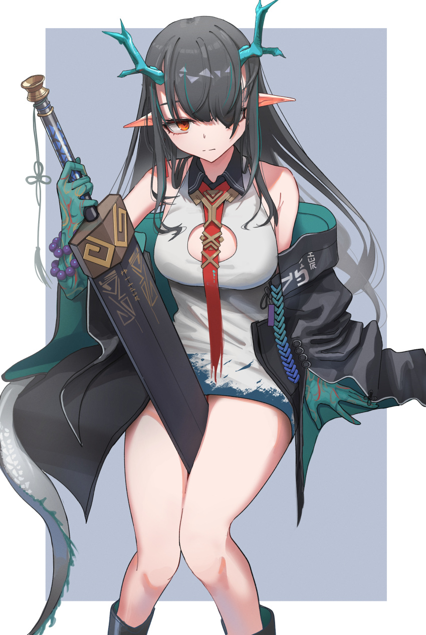 1girl absurdres arknights bare_shoulders between_thighs black_hair black_jacket border cleavage_cutout closed_mouth clothing_cutout colored_skin commentary_request dragon_girl dragon_horns dragon_tail dusk_(arknights) expressionless gradient_skin green_skin hair_over_one_eye highres holding holding_sword holding_weapon horns jacket kusami_toka_naku_au looking_at_viewer multicolored_skin one_eye_covered open_clothes open_jacket outside_border pointy_ears sword sword_between_thighs tail weapon white_border