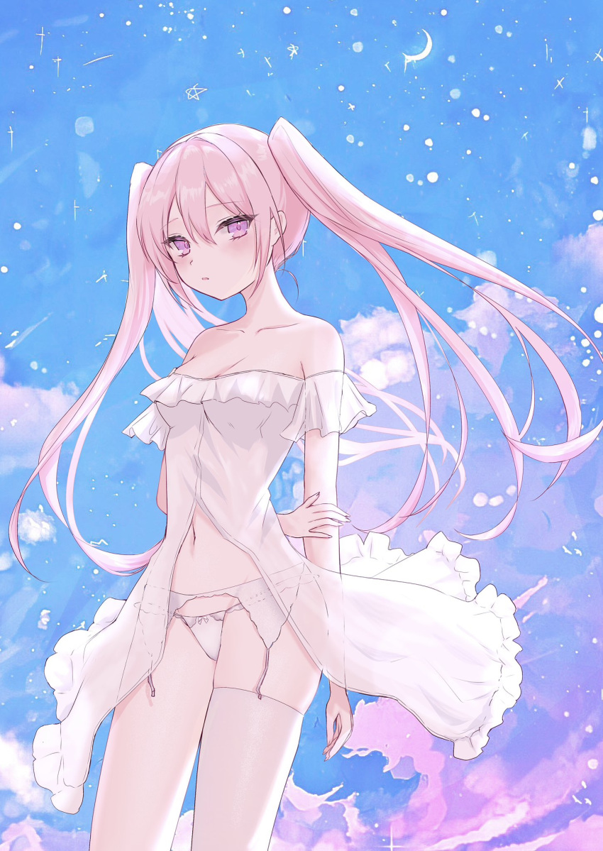 1girl commentary crescent_moon highres klee-on long_hair moon original panties pink_eyes pink_hair purple_clouds single_thighhigh sky solo symbol-only_commentary thighhighs twintails underwear white_panties