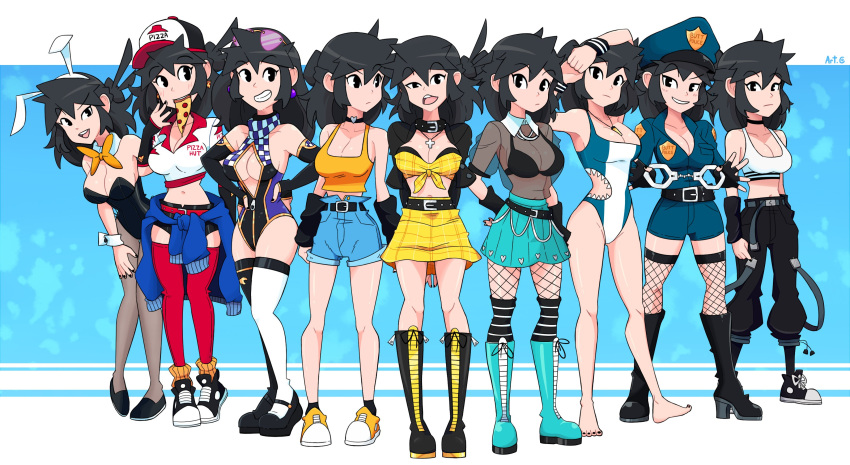 1girl absurdres animal_ears aqua_skirt arm_behind_head artsycreeper asymmetrical_legwear bare_shoulders belt black_belt black_bra black_choker black_collar black_eyes black_gloves black_hair black_jacket black_leotard black_nails black_pants black_shorts black_socks black_thighhighs blue_shorts borrowed_character bow bowtie bra breasts choker cleavage collar cropped_shirt cross cross_necklace cuffs detached_collar earrings elbow_gloves eyewear_on_head fake_animal_ears fingerless_gloves fishnet_thighhighs fishnets food gloves grey_pantyhose hairband hand_up handcuffs hands_on_hips hat highres jacket jewelry kneehighs leotard looking_at_viewer lucia_(scott_malin) medium_breasts midriff mouth_hold navel necklace one-piece_swimsuit open_mouth orange_bow orange_bowtie original pants pantyhose parted_lips partially_unzipped pink-tinted_eyewear pizza plaid plaid_skirt playboy_bunny police police_badge police_hat police_uniform policewoman print_headwear print_leotard print_thighhighs rabbit_ears red_thighhighs see-through see-through_shirt sharkini shirt shorts skirt smile socks sports_bra standing strapless strapless_leotard striped striped_socks swimsuit tank_top thighhighs tinted_eyewear underwear uniform white_hairband white_shirt white_sports_bra white_thighhighs wrist_cuffs yellow_skirt yellow_tank_top zipper zipper_pull_tab