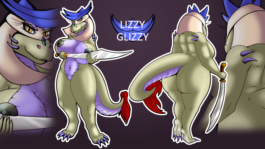 absurd_res anthro areola big_breasts big_butt black_areola black_nipples breasts butt claws dragon female front_view green_body green_scales green_tail hi_res holding_object holding_sword holding_weapon juna_june_(lizzyglizzy) lizzyglizzy melee_weapon nipples purple_body purple_claws purple_scales purple_tail rear_view red_tail scales scalie signature solo sword tail tail_tuft thick_thighs tuft weapon wide_hips yellow_eyes