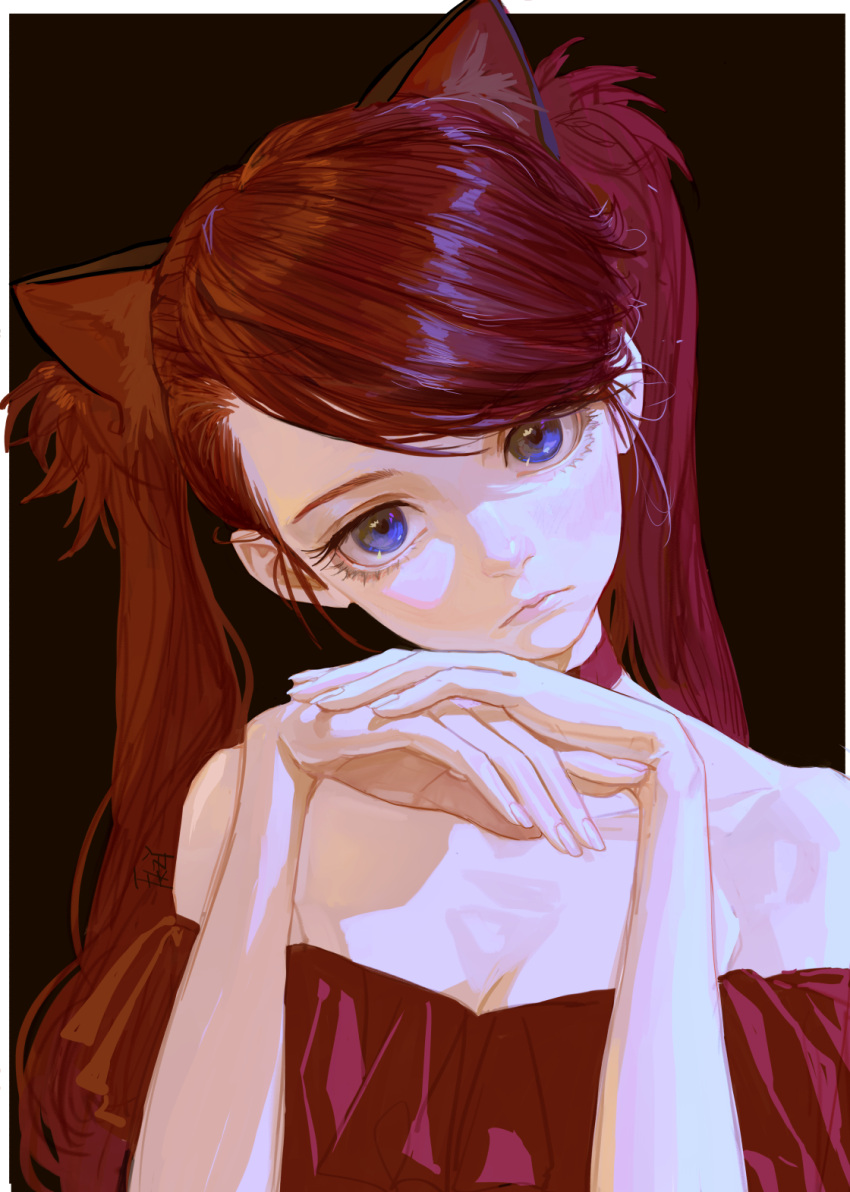 1girl animal_ears bare_shoulders black_background blue_eyes breasts brown_hair cat_ears cleavage closed_mouth collarbone expressionless feifei_(fkey) fingernails fkey hair_between_eyes highres long_hair looking_at_viewer original own_hands_together simple_background solo swept_bangs twintails upper_body