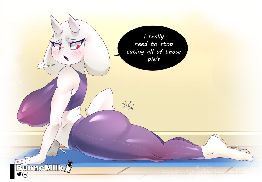 anthro big_breasts blush bottomwear bovid breasts bunnemilk caprine clothing deltarune dialogue feet female goat hi_res horn mammal pants red_eyes solo speech_bubble tail toriel undertale undertale_(series) yoga yoga_pants