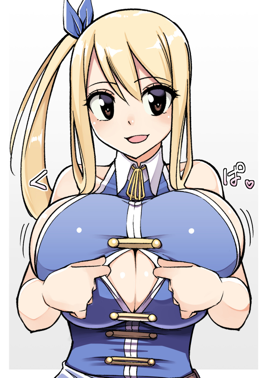 1girl :d bare_shoulders blonde_hair blue_ribbon blue_shirt breasts brown_eyes center_opening cleavage collared_shirt commentary_request fairy_tail gradient_background hair_ribbon highres huge_breasts long_hair looking_at_viewer lucy_heartfilia motion_lines open_mouth paizuri_invitation ribbon sakidesu shirt side_ponytail sleeveless sleeveless_shirt smile solo sound_effects upper_body white_background