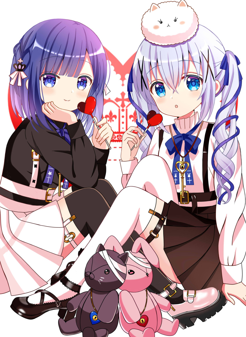 2girls absurdres angora_rabbit animal_on_head black_footwear black_shirt black_skirt black_thighhighs blue_eyes blue_hair blush candy closed_mouth commentary_request food fuiba_fuyu gochuumon_wa_usagi_desu_ka? hair_between_eyes highres holding holding_candy holding_food kafuu_chino light_blue_hair long_hair long_sleeves looking_at_viewer multiple_girls on_head parted_lips pleated_skirt rabbit ryoutan shirt shoes short_hair skirt smile thighhighs tippy_(gochiusa) white_footwear white_shirt white_skirt white_thighhighs