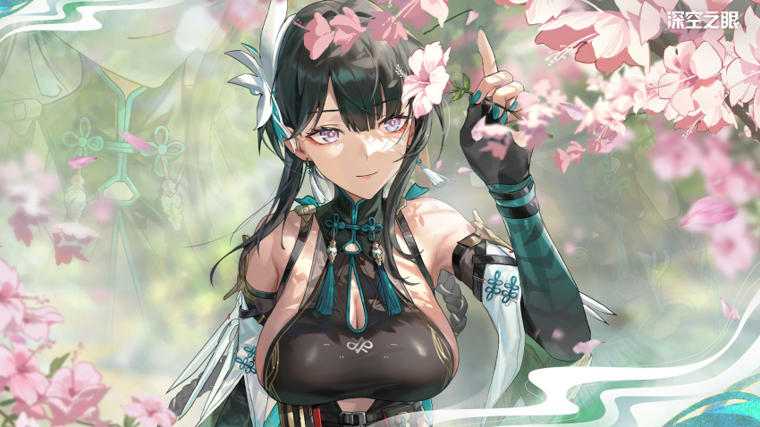 1girl aether_gazer aqua_nails arm_up armpits artist_request bare_shoulders black_gloves black_hair black_leotard blue_eyes blurry breasts bright_pupils cleavage cleavage_cutout closed_mouth clothing_cutout depth_of_field detached_sleeves elbow_gloves flower gloves hair_ornament highres holding holding_flower large_breasts leotard long_hair looking_up nail_polish official_art partially_fingerless_gloves pink_flower short_sleeves sideboob smile solo strap turtleneck underboob_cutout upper_body ying_zhao_(aether_gazer) zoom_layer