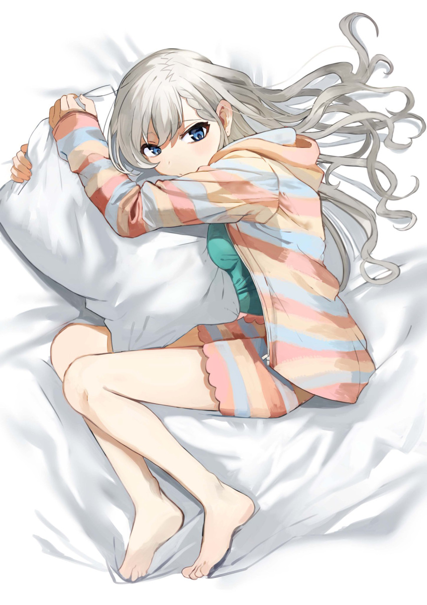 1girl bangs barefoot bed_sheet blue_eyes blue_pajamas blue_shorts braid braided_bangs breasts commentary english_commentary expressionless fetal_position from_above full_body green_shirt grey_hair hair_spread_out highres hisakawa_hayate hood hood_down idolmaster idolmaster_cinderella_girls knees_up long_hair long_sleeves looking_at_viewer loungewear lying multicolored_clothes multicolored_pajamas multicolored_shorts object_hug on_side open_pajamas pajamas pillow pillow_hug pink_pajamas pink_shorts raised_eyebrows shirt shorts sleeves_past_wrists small_breasts solo striped striped_pajamas striped_shorts wavy_hair yano_sou yellow_pajamas yellow_shorts