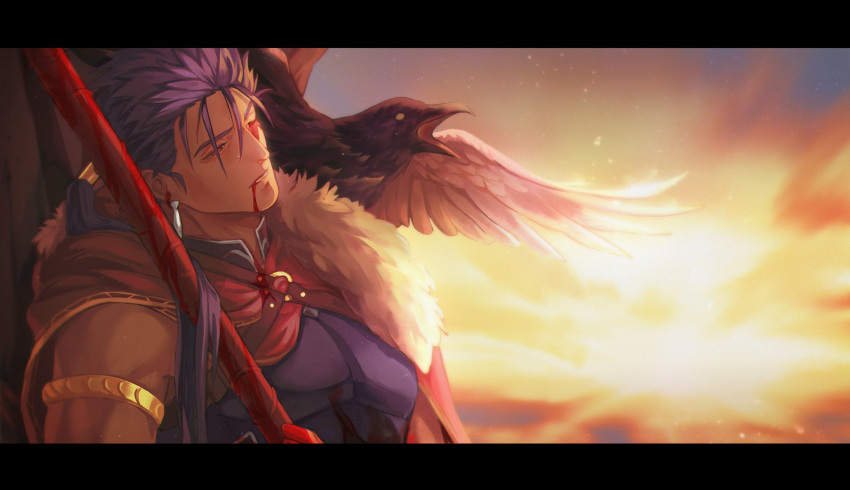 1boy animal_on_shoulder armor bird bird_on_shoulder black_bird blood blood_from_eyes blood_from_mouth blood_on_clothes blood_on_face cape commentary crow cu_chulainn_(fate) death earrings english_commentary fate/grand_order fate_(series) gravesecrets highres holding holding_polearm holding_weapon jewelry large_pectorals leather_armor letterboxed light_particles long_hair male_focus mature_male open_mouth pectorals polearm purple_hair solo weapon