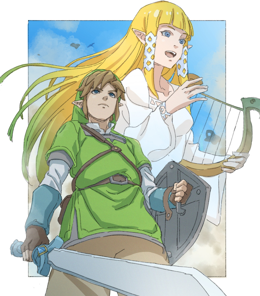 1boy 1girl belt belt_buckle bird blonde_hair blue_eyes blue_sky blunt_bangs border bracelet brown_belt brown_pants buckle closed_mouth cloud collarbone collared_shirt commentary dress frown green_headwear green_tunic hair_tubes highres holding holding_instrument holding_shield holding_sword holding_weapon instrument jewelry juliet_sleeves layered_sleeves light_brown_hair link long_hair long_sleeves lyre open_mouth outdoors pants pointy_ears pointy_hat pretty-purin720 princess_zelda puffy_sleeves shield shirt short_over_long_sleeves short_sleeves sidelocks sky smile square_neckline strap sword teeth the_legend_of_zelda the_legend_of_zelda:_skyward_sword upper_teeth_only v-shaped_eyebrows weapon white_border white_dress white_shirt wide_sleeves