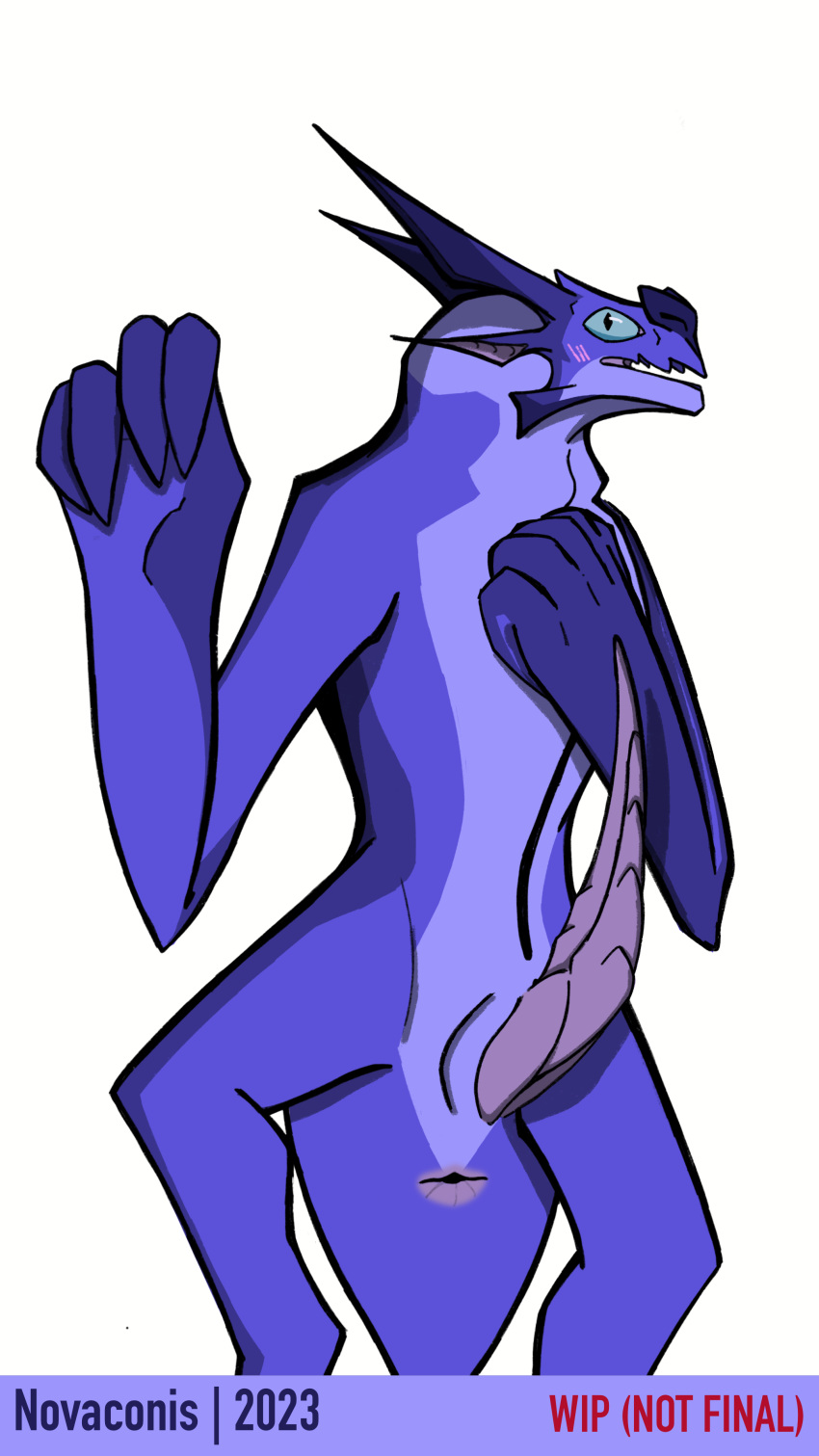 absurd_res animal_genitalia antennae_(anatomy) anthro anus big_hands big_penis blue_eyes blush blush_lines genital_slit genitals hi_res horn kilth_(novaconis) male novaconis penis purple_body ridged_penis sabre_(novaconis) slit surprised_expression tail unfinished