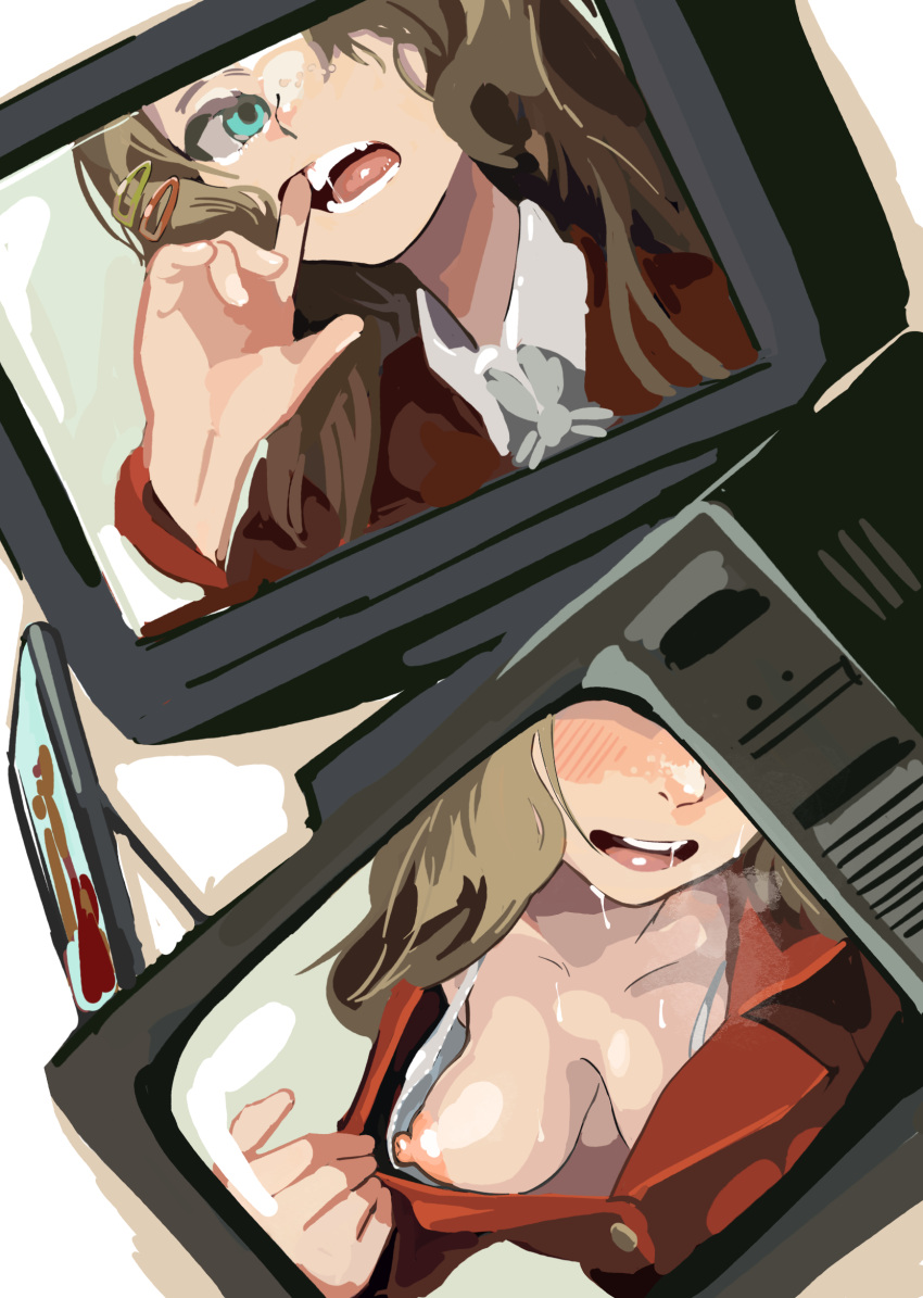 1girl aqua_eyes blush bra breasts brown_hair clothes_pull crt downblouse fang finger_in_own_mouth hair_ornament hairclip highres jacket medium_breasts multiple_views nipples open_mouth pulled_by_self red_jacket reverse:1999 sa58 saliva shirt shirt_pull suggestive_fluid ttt_(reverse:1999) underwear white_bra white_shirt