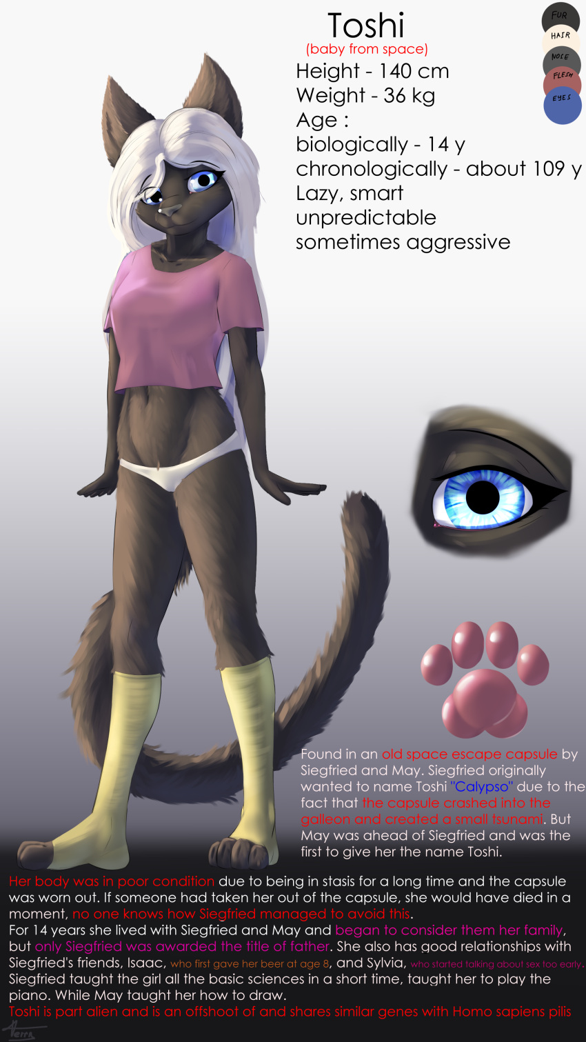 absurd_res anthro black_body black_fur blue_eyes clothed clothing digital_media_(artwork) ears_up felid feline female ferrn fur grey_nose hair hi_res legwear mammal model_sheet pantherine panties pawpads paws shirt simple_background smile solo t-shirt tail teenager text topwear toshi_(ferrn) underwear white_background white_hair young