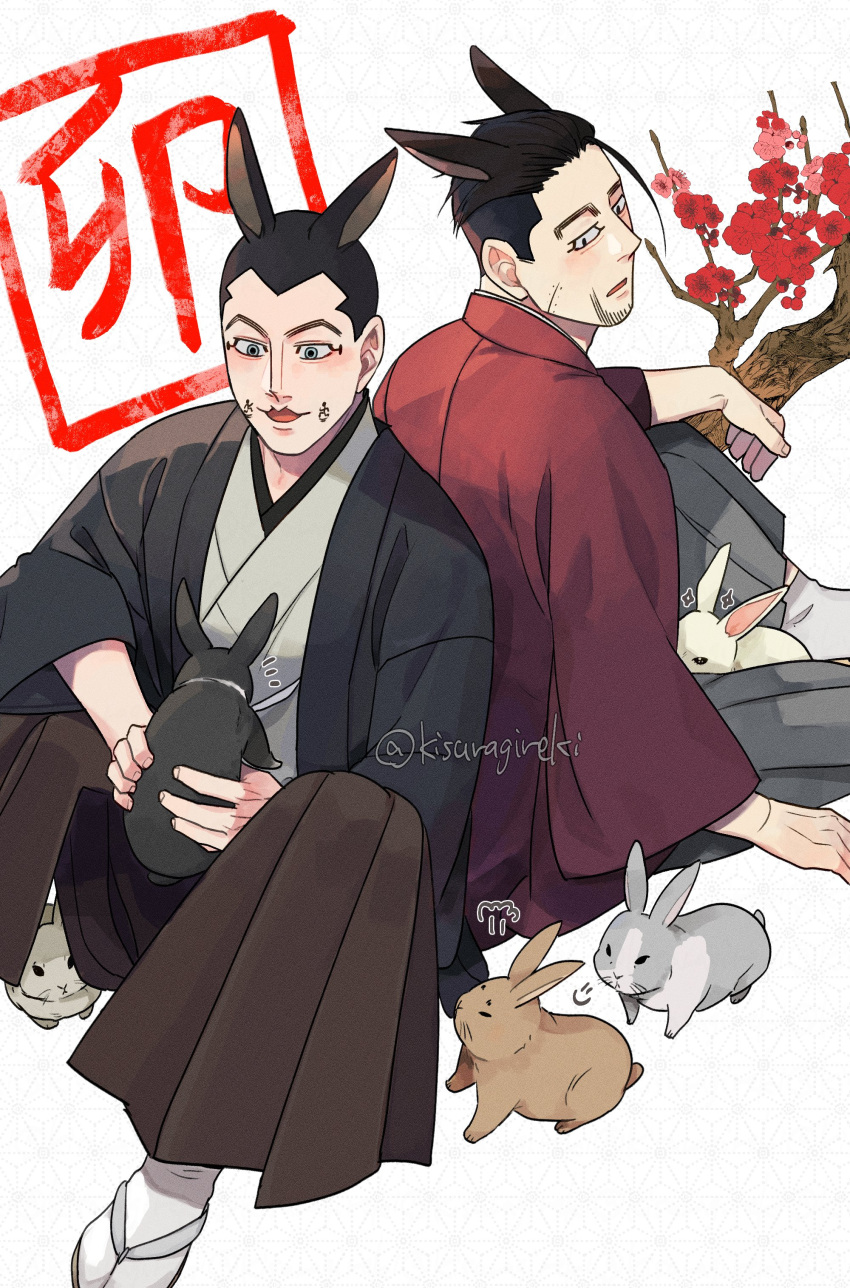 2boys :3 absurdres animal_ears beard black_eyes black_robe blue_eyes branch character_request dilated_pupils facial_hair flower golden_kamuy highres inkan kisaragireki male_focus multiple_boys open_mouth rabbit rabbit_ears red_flower red_robe robe simple_background white_background