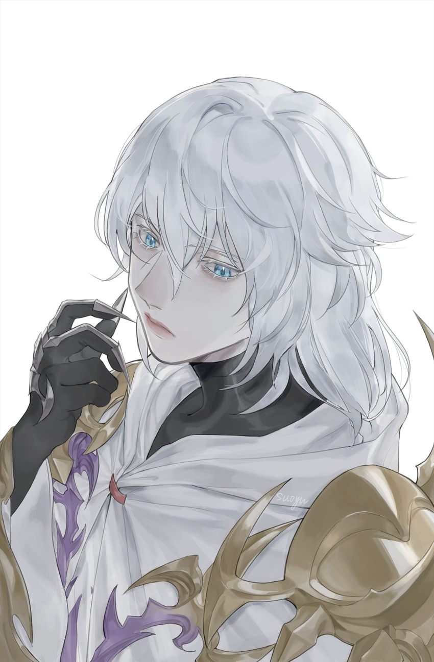 1boy absurdres ayaa_dj bishounen black_gloves blue_eyes claws commentary expressionless final_fantasy final_fantasy_xiv gloves highres long_hair looking_at_viewer male_focus robe simple_background solo themis_(ff14) white_background white_hair white_robe