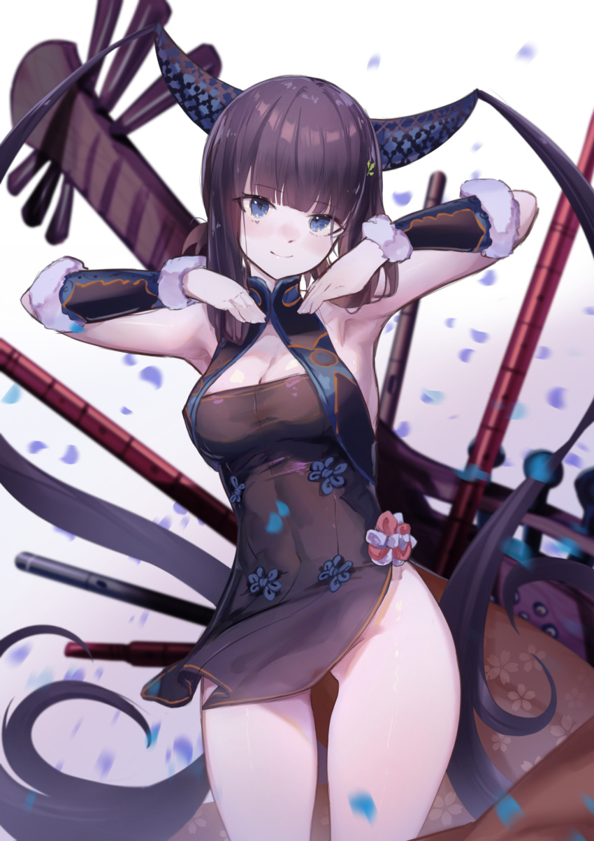 1girl absurdres bare_shoulders black_dress blue_eyes blush breasts china_dress chinese_clothes cleavage detached_sleeves dress fate/grand_order fate_(series) flute hair_ornament highres instrument large_breasts leaf_hair_ornament long_hair looking_at_viewer pipa_(instrument) purple_hair side_slit sidelocks smile solo thighs twintails ura_illust very_long_hair yang_guifei_(fate)