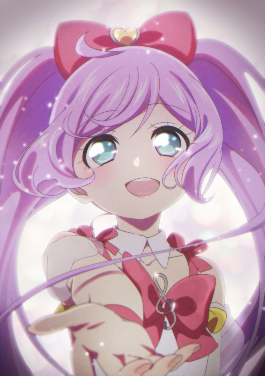 1girl :d absurdres ahoge bare_shoulders blue_eyes bow detached_collar detached_sleeves foreshortening hair_bow highres hokahoka_yudoufu light_particles long_hair looking_at_viewer manaka_laala open_mouth outstretched_arm pink_bow pink_lips pretty_series pripara puffy_detached_sleeves puffy_sleeves purple_hair reaching reaching_towards_viewer smile solo treble_clef twintails upper_body very_long_hair white_sleeves