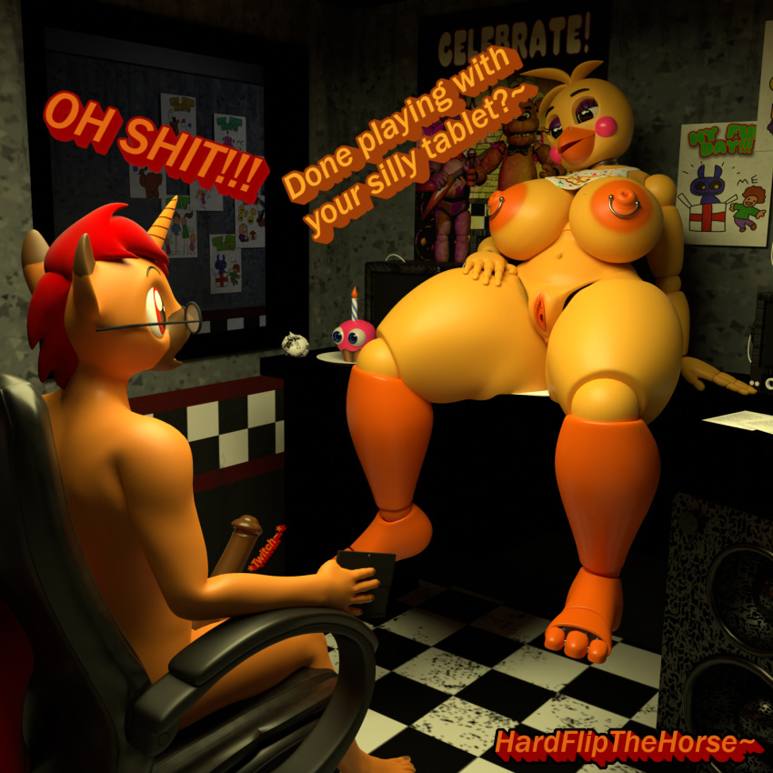 1:1 3d_(artwork) animal_genitalia animal_penis animatronic anthro big_breasts blender_(software) blender_cycles breasts chair dialogue digital_media_(artwork) duo equid equine equine_genitalia equine_penis erection eyewear fan_character female five_nights_at_freddy's five_nights_at_freddy's_2 furniture genitals glasses hardflip hardflipthehorse hasbro hi_res horn looking_at_another machine male male/female mammal my_little_pony nipple_piercing nipples nude on_chair open_pussy penis piercing poster pussy robot scottgames security shocked shocked_expression sitting sitting_on_chair sitting_on_desk spread_legs spread_pussy spreading surprise thick_thighs toy_chica_(fnaf) unicorn