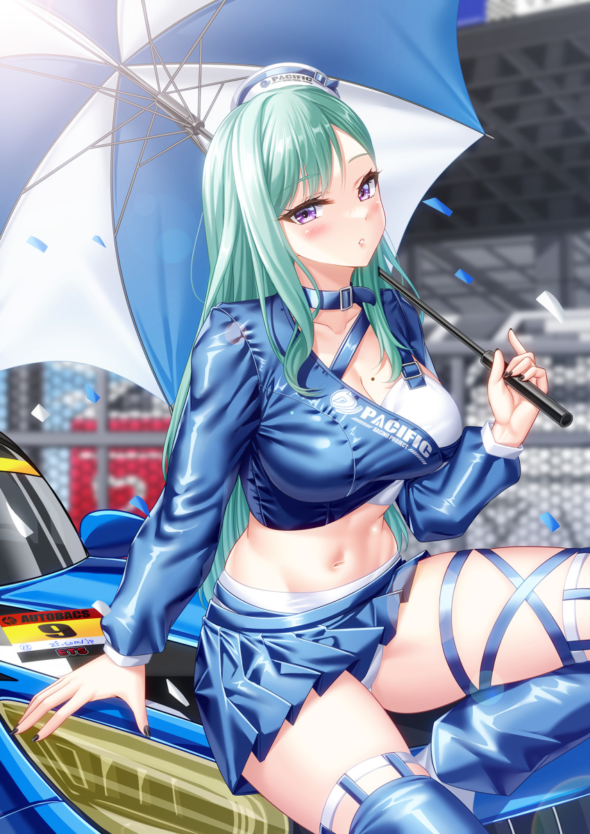1girl asymmetrical_clothes bikini black_nails blue_collar blue_jacket blue_thighhighs blush breasts car cleavage collar confetti cropped_jacket green_hair hat highres hisame_shiki holding holding_umbrella jacket large_breasts lens_flare long_hair long_sleeves looking_at_viewer midriff mini_hat miniskirt mole mole_on_breast motor_vehicle navel parted_lips pleated_skirt purple_eyes race_queen sitting_on_car skindentation skirt solo stomach swept_bangs swimsuit thighhighs thighs umbrella very_long_hair virtual_youtuber vspo! white_bikini yakumo_beni