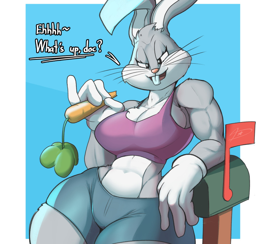 2023 absurd_res anthro big_breasts bottomwear breasts bugs_bunny clothing crossgender digital_media_(artwork) dreamerknight eyelashes female fur gender_transformation grey_body grey_fur hi_res huge_hips lagomorph leporid looking_at_viewer looney_tunes mammal muscular muscular_female rabbit shorts small_waist solo thick_thighs transformation warner_brothers wide_hips