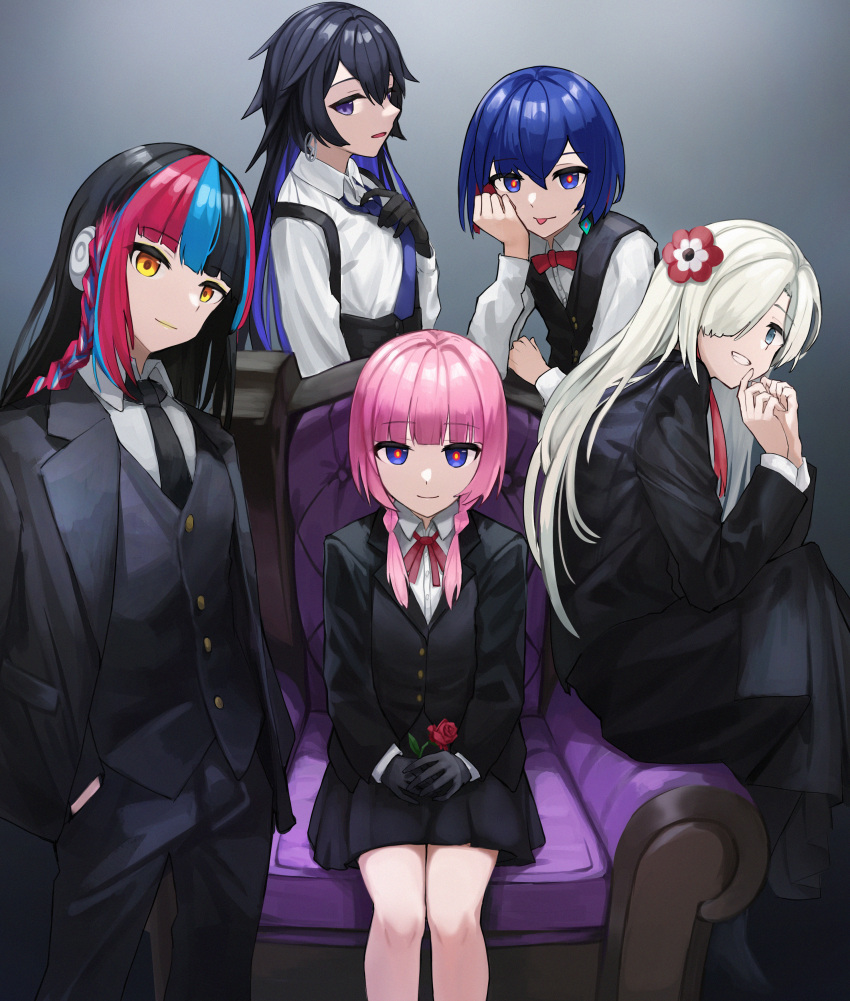 5girls absurdres adjusting_clothes adjusting_necktie alternate_costume armchair bart_harooo black_gloves black_hair black_jacket black_necktie black_pants black_skirt black_suit black_vest blue_eyes blue_hair blunt_bangs bow bowtie braid chair closed_mouth collared_shirt commentary crossdressing diamond_earrings dress_shirt earrings english_commentary flower gloves gradient_background grey_background grey_eyes grin hair_flower hair_ornament hair_over_one_eye hair_over_shoulder hand_on_own_cheek hand_on_own_face hands_in_pockets hands_on_lap hands_up harusaruhi headphones highres holding holding_flower isekai_joucho jacket jewelry kaf_(kamitsubaki_studio) kamitsubaki_studio koko_(kamitsubaki_studio) long_hair long_skirt long_sleeves low_twintails mafia miniskirt multicolored_eyes multicolored_hair multiple_girls necktie one_eye_covered open_clothes open_jacket own_hands_together pants pink_hair pleated_skirt purple_eyes purple_hair purple_necktie red_bow red_bowtie red_eyes red_flower red_hair red_rose rim_(kamitsubaki_studio) rose shirt short_hair side_braid sitting skirt smile standing streaked_hair suit suit_jacket suspenders three-piece_suit tongue tongue_out twintails vest virtual_youtuber white_hair white_shirt yellow_eyes yellow_lips yellow_pupils