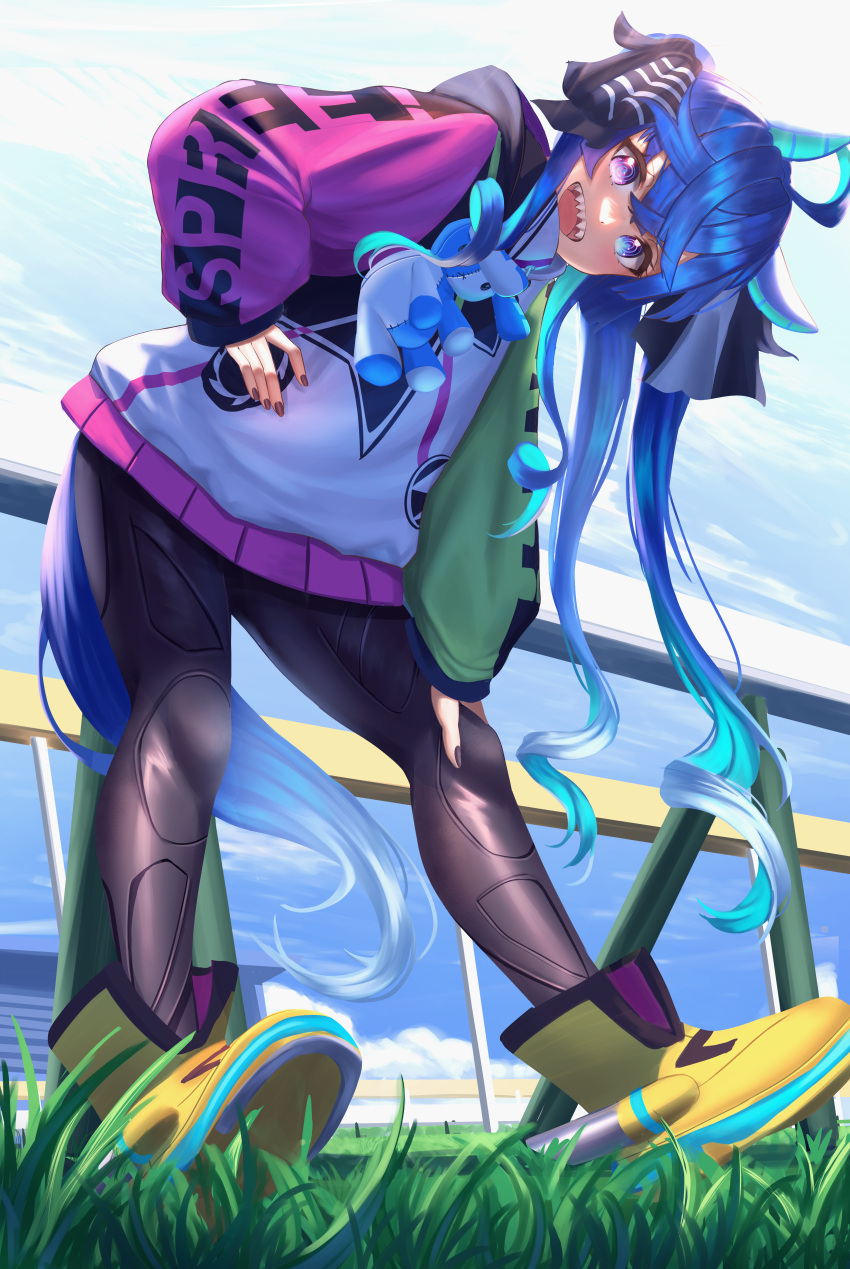 1girl absurdres ahoge animal_ears ankle_boots aqua_hair black_bodysuit black_nails black_ribbon blue_eyes blue_hair blue_sky bodysuit boots clothes_writing cloud cloudy_sky commentary grass hair_ribbon hand_on_own_hip hand_on_own_knee heterochromia highres hood hood_down hooded_coat horse_ears horse_girl horse_tail leaning_forward long_hair long_sleeves looking_at_viewer manjo_(warito) multicolored_coat open_mouth outdoors purple_eyes racetrack railing ribbon sharp_teeth sidelocks sky smile solo standing stuffed_animal stuffed_rabbit stuffed_toy tail teeth toes_up twin_turbo_(umamusume) twintails umamusume yellow_footwear