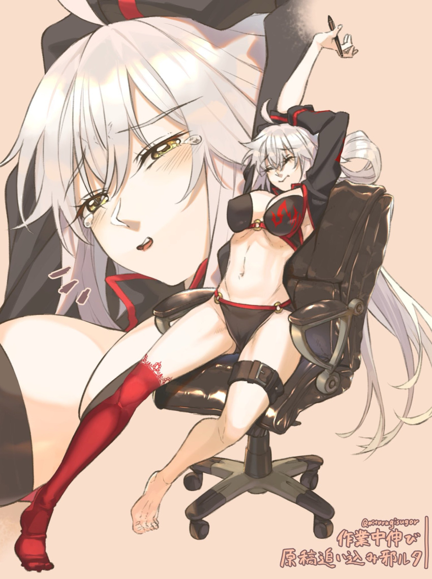 1girl ahoge arms_up bikini black_bikini black_jacket breasts choker cleavage closed_eyes cropped_jacket fate/grand_order fate_(series) full_body grey_hair highres jacket jeanne_d'arc_alter_(fate) jeanne_d'arc_alter_(swimsuit_berserker)_(fate) large_breasts long_hair long_sleeves looking_at_viewer mitsurugi_sugar multiple_views navel o-ring o-ring_bikini open_mouth red_thighhighs shrug_(clothing) single_thighhigh sitting stretching stylus swimsuit swivel_chair tearing_up thigh_strap thighhighs very_long_hair yellow_eyes