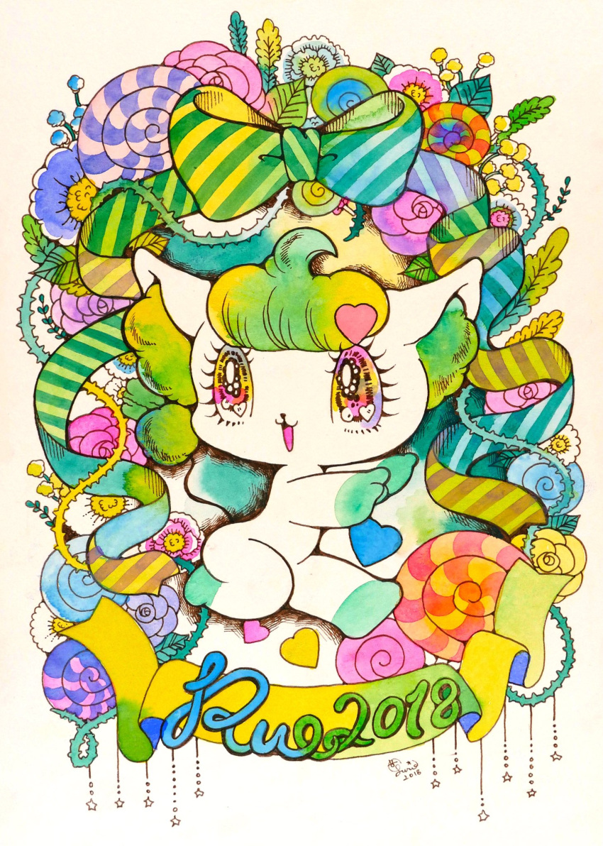 &lt;3 2018 accessory alien anthro bangs big_eyes big_head bow_ribbon candy dessert domestic_cat felid feline felis female flower food gloves_(marking) green_hair green_markings hair hair_accessory hairclip hi_res inner_ear_fluff leaf leg_markings lollipop mammal markings multicolored_eyes official_art open_mouth open_smile peropero_sparkles plant prick_ears rainbow_eyes ribbons rose_(flower) rue_(peropero_sparkles) smile socks_(marking) solo star tail tail_tuft tuft vines white_body yurie_sekiya