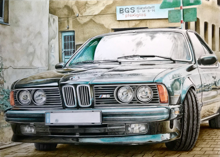 absurdres bmw bmw_m6 bonbon20170916 brick car colored_pencil_(medium) highres license_plate motor_vehicle no_humans original outdoors plant reflection road_sign sign traditional_media vehicle_focus