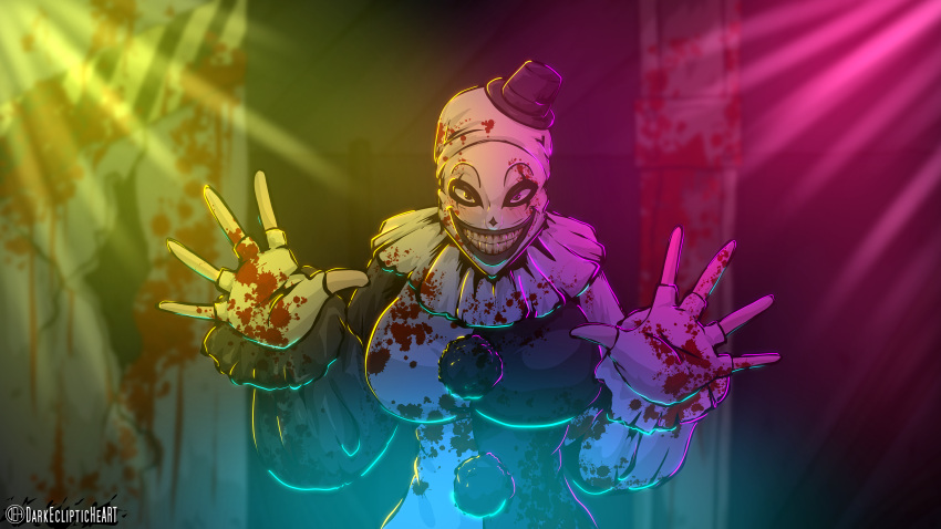 1girl absurdres art_the_clown bald bald_girl blood blood_on_clothes breasts clown clown_nose copyright_request darkeclipticheart evil_grin evil_smile fingerless_gloves genderswap gloves grin halloween hat highres large_breasts long_sleeves october smile the_terrifier_(movie)