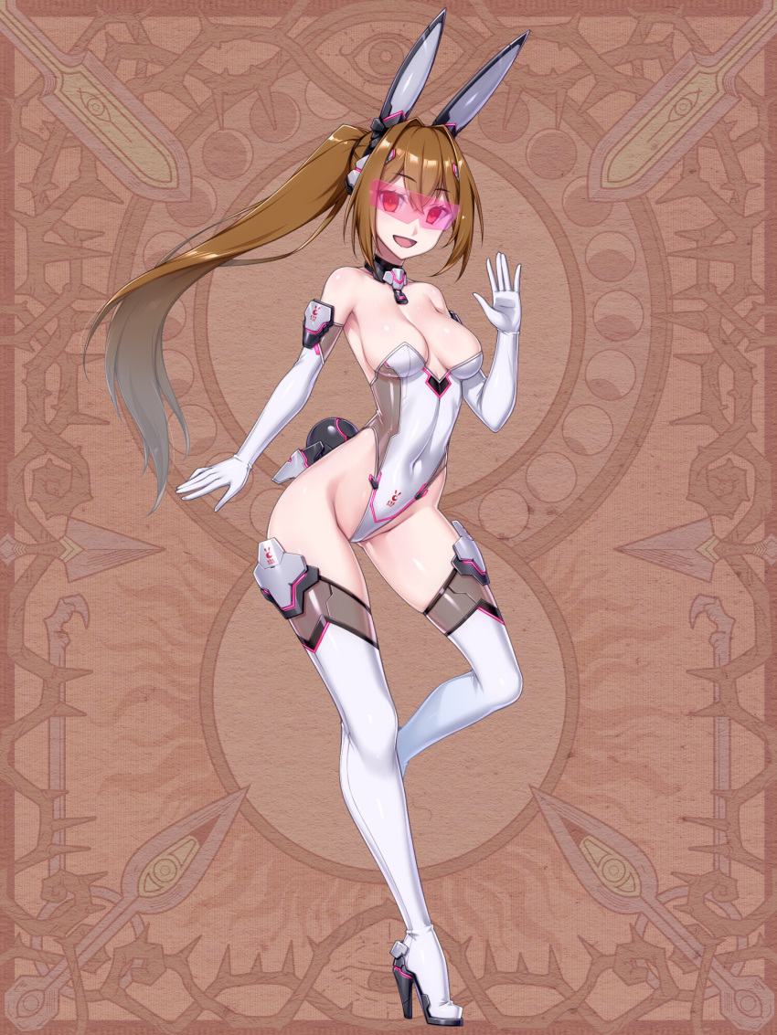 1girl animal_ears boots breasts brown_hair chain_paradox cocytus_(wind_master) covered_navel detached_collar elbow_gloves full_body gloves hair_intakes high_heel_boots high_heels highleg highleg_leotard highres leotard long_hair looking_at_viewer medium_breasts nontraditional_playboy_bunny playboy_bunny ponytail rabbit_ears rabbit_tail red_eyes skin_tight solo tail thigh_boots thighhighs very_long_hair