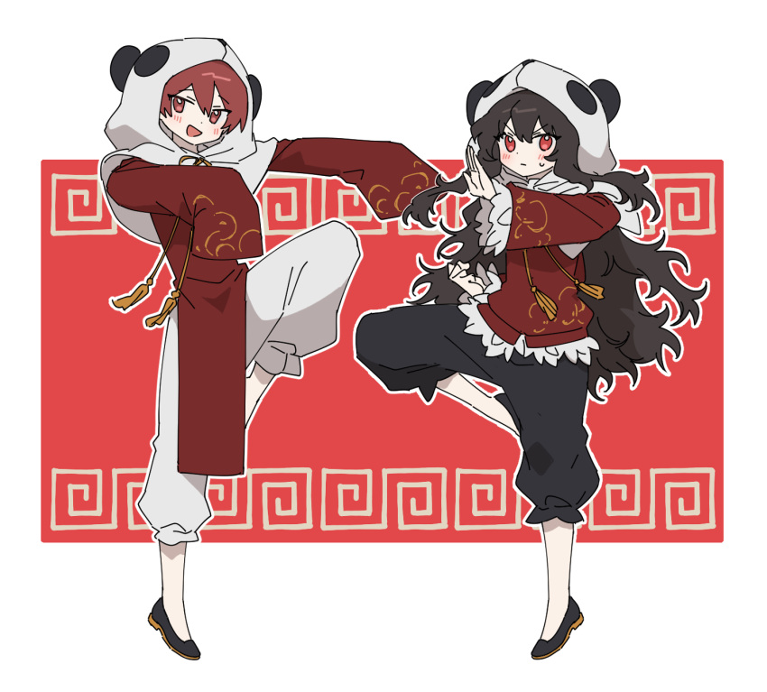 1boy 1girl animal_hood black_footwear black_pants blush brown_hair flats friedbirdchips full_body fur-trimmed_shirt fur-trimmed_sleeves fur_trim gold_trim highres hood library_of_ruina long_hair lowell_(library_of_ruina) open_mouth panda_hood pants pelvic_curtain project_moon red_eyes red_hair red_shirt shirt sleeves_past_fingers sleeves_past_wrists smile standing standing_on_one_leg tassel very_long_hair white_background white_hood white_pants xiao_(library_of_ruina) yi_er_fan_club_(vocaloid)