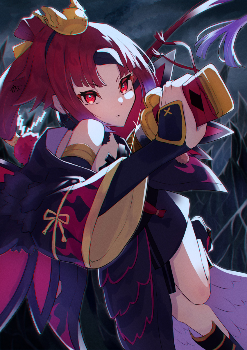 1girl absurdres bare_shoulders benienma_(fate) benienma_alter_(fate) bird bird_hair_ornament black_dress black_feathers black_footwear black_kimono bow breasts detached_collar detached_sleeves dress fate/grand_order fate_(series) feather_trim feathers gradient_hair hair_ornament highres holding holding_sword holding_weapon izanaware_game japanese_clothes kimono long_hair multicolored_hair parted_bangs ponytail red_eyes red_hair sheath solo sword unsheathing very_long_hair weapon