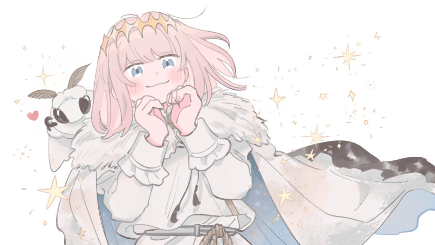 1boy blanca_(fate) blue_eyes blush brown_hair cape closed_mouth diamond_hairband dot_nose fate_(series) fur-trimmed_cape fur_trim heart heart_hands long_sleeves looking_at_viewer male_focus oberon_(fate) oneroom-disco robe smile sparkle tassel white_background white_cape white_robe